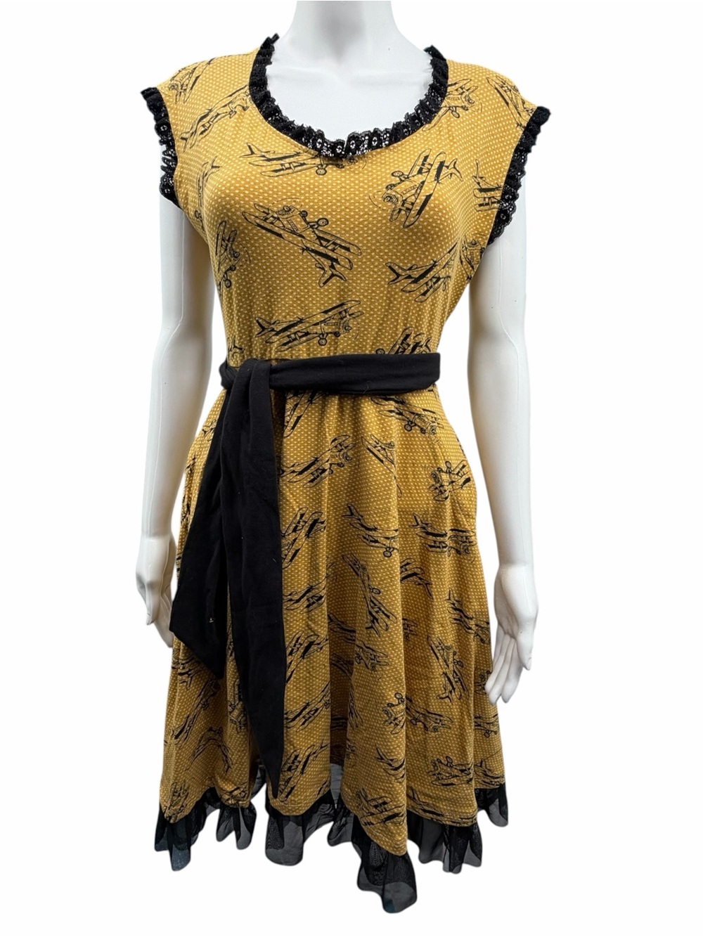 Effie’s Heart Airplane Print Fit & Flare Dress Mustard Black